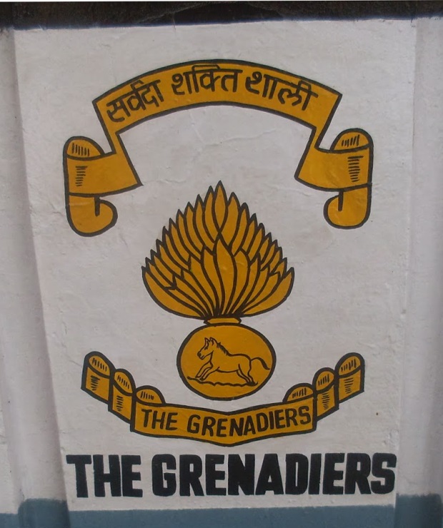 Grenadiers Regiment insignia is White Horse of Hanover and motto is Sarvada Shaktishali