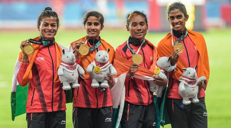 M. R. Poovamma, Saritaben Gaikwad, Hima Das and Vismaya 400m relay asian games gold