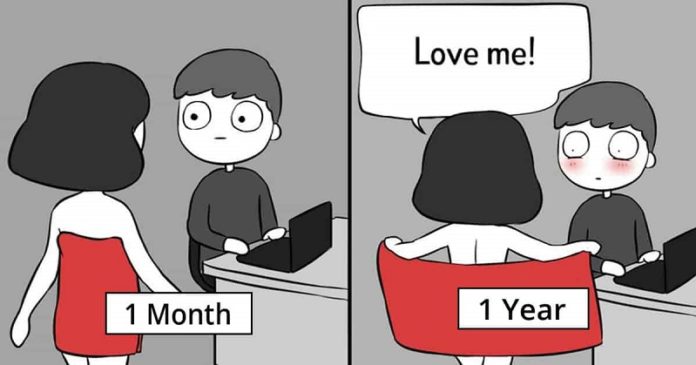 Relationship first month VS Year Later Illustration