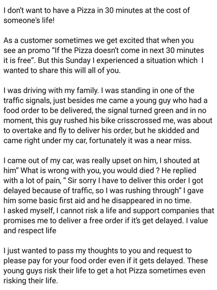Pizza 30 minutes delivery risk