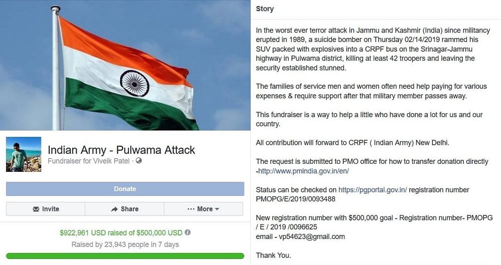 Viveik Patel facebook fundraise CRPF