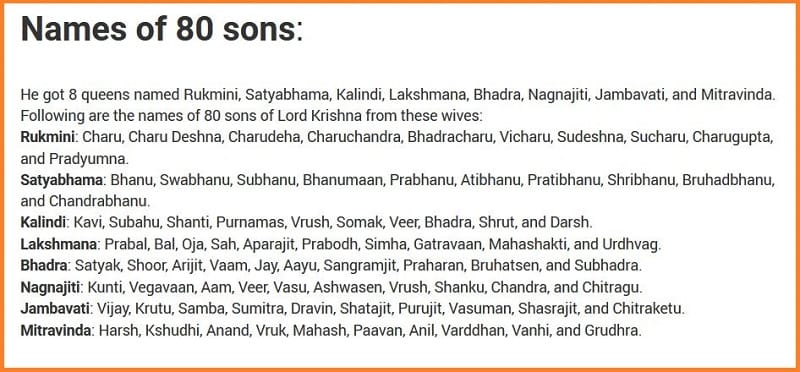 Lord Krishna 80 sons
