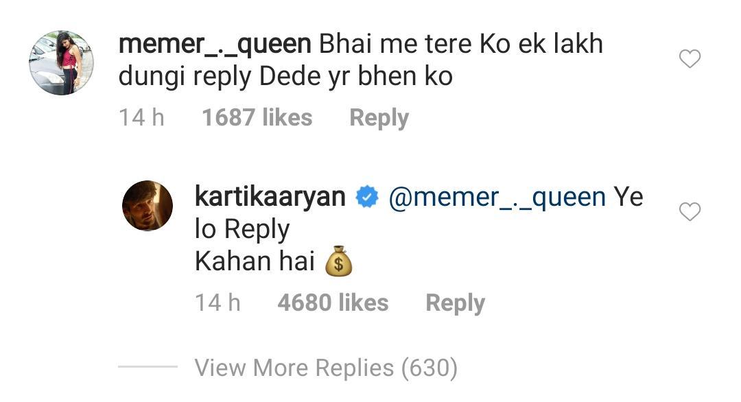 Kartik Aryan 1 lakh Reply