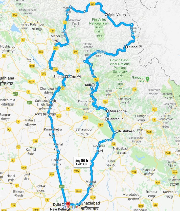 Himalaya trip road map himachal spiti