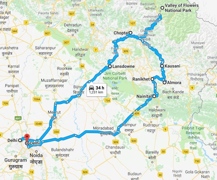 Uttarakhand trip road map