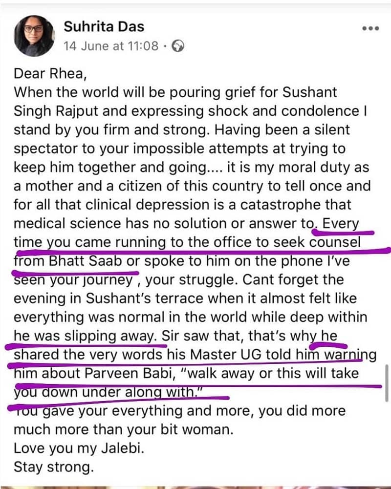 Rhea mother Suhrita Das post