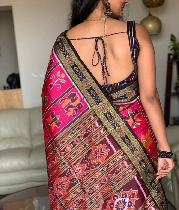Silk saree sleeveless blouse with chords