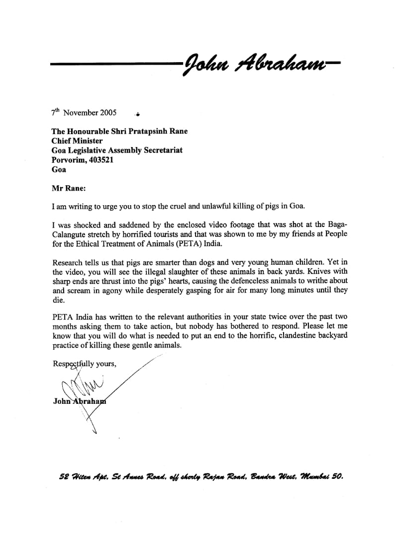 John Abraham letter to PETA