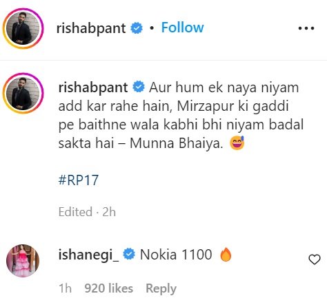 Isha Negi comment on Rishabh Pant post