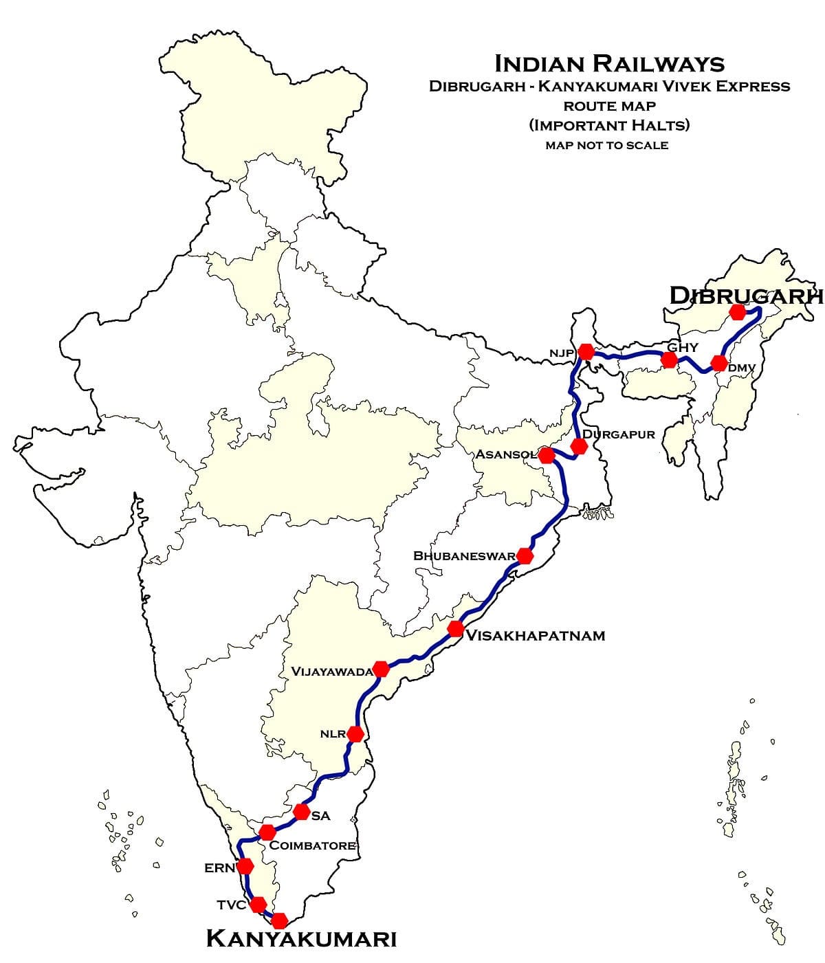 longest train route in india map