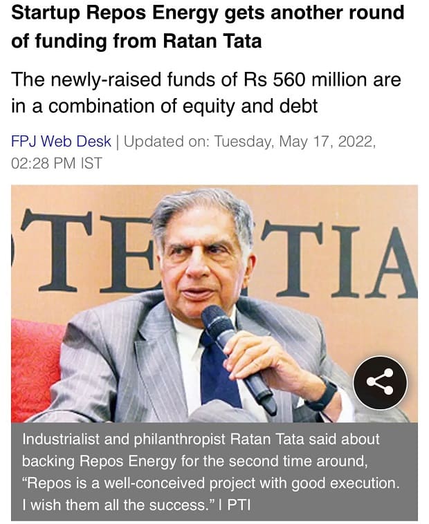 Repos Energy funding from Ratan Tata