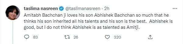 abhishek bachchan reply to Taslima Nasreen
