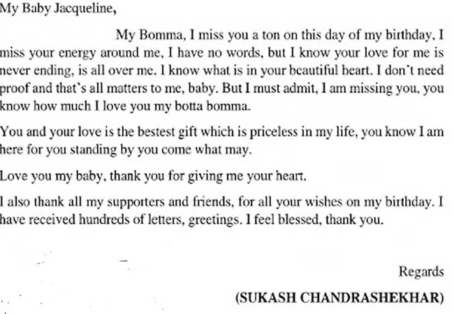 Sukesh Chandrashekhar letter to Jacqueline Fernandez