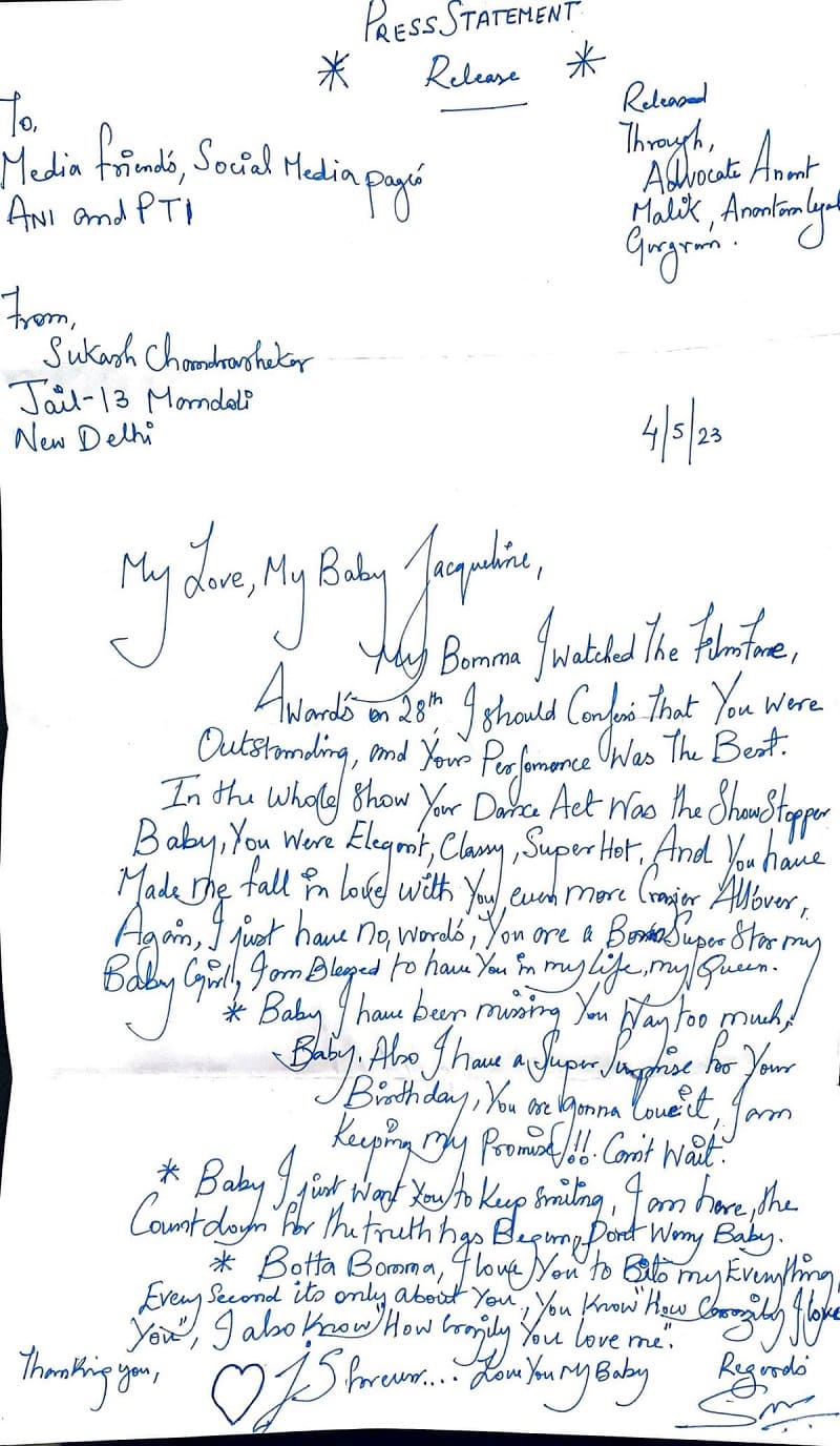 Sukesh-Chandrashekhar-letter to Jacqueline Fernandez