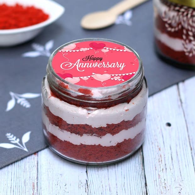 Red velvet anniversary jar cake