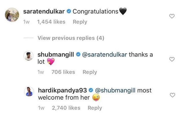 Shubman Gill and Sara Tendulkar Instagram interactions