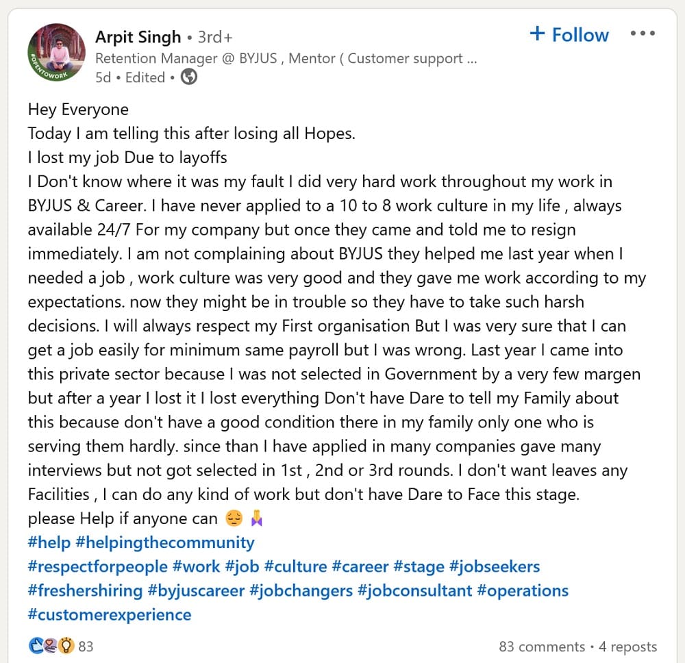 byjus fire Arpit Singh
