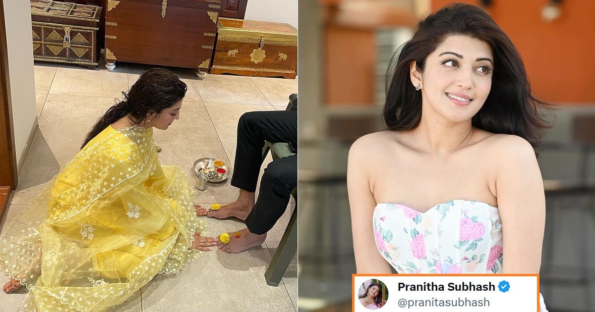 Pranitha Subhash Touching Husband's Feet