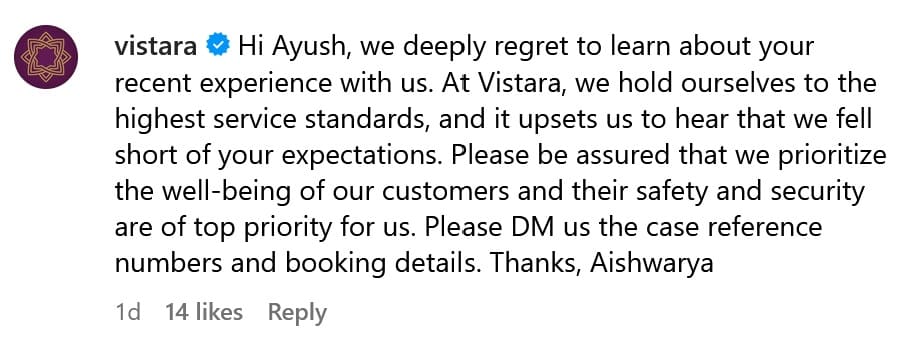 Vistara left blind mother reply