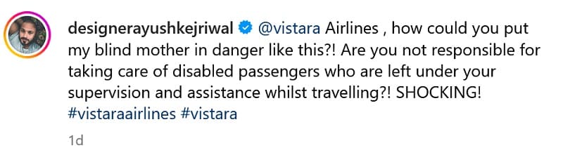 Vistara left blind mother