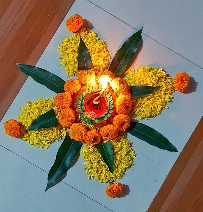 Diya flower rangoli for Diwali