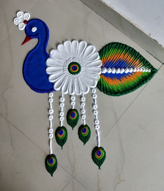 easy peacock rangoli for Diwali