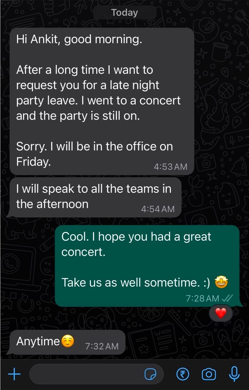 Late-Night Party Leave request from CEO reply