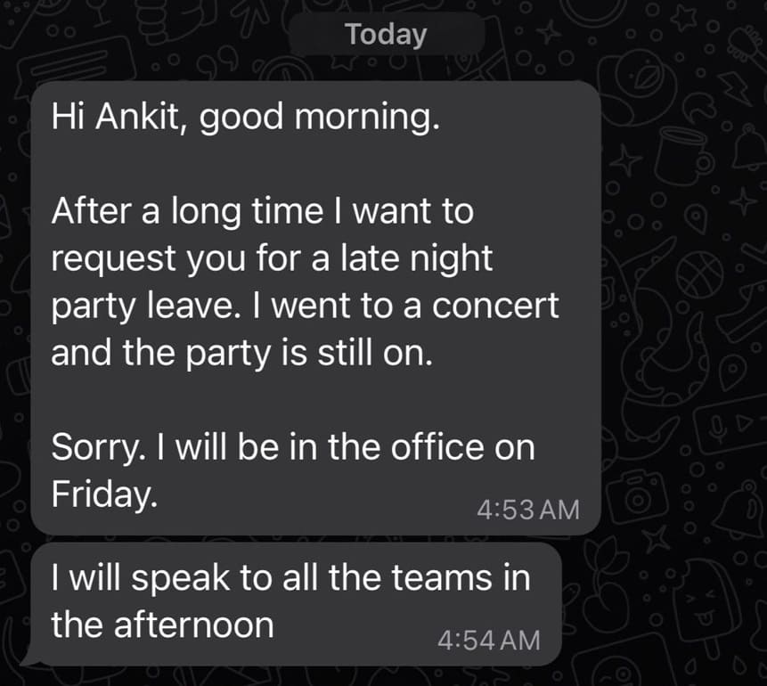 Late-Night Party Leave request from CEO