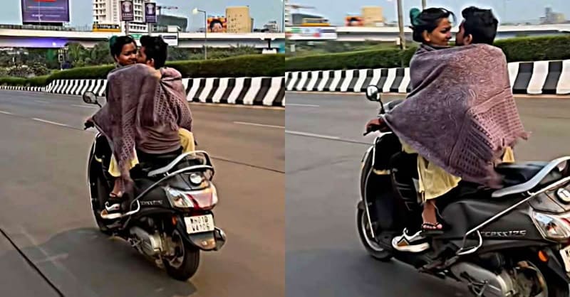 Mumbai Couple Hugging While Riding Scooty