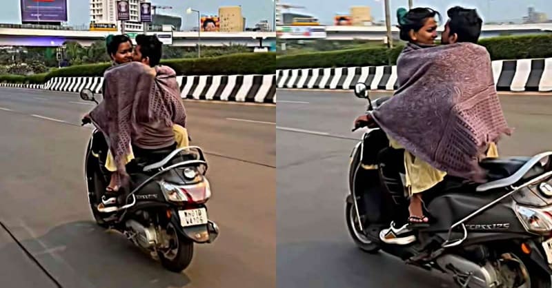 Mumbai Couple Hugging While Riding Scooty