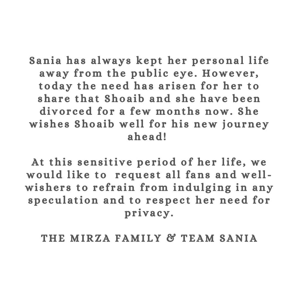 Sania Mirza statement after divorce