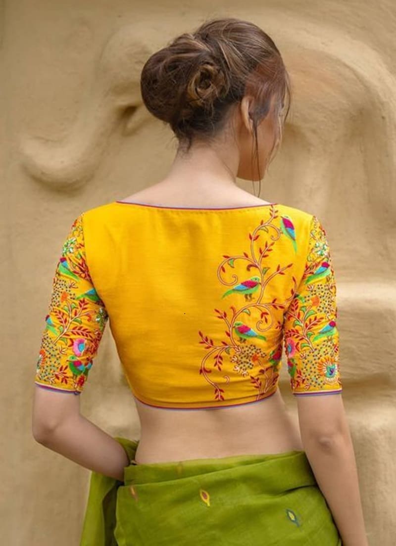Boat-neck-with-threadwork-modern-cotton-saree-blouse-back-neck-designs