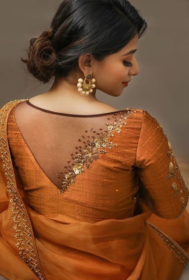 Cotton-silk-with-sheer-panel-modern-cotton-saree-blouse-back-neck-designs