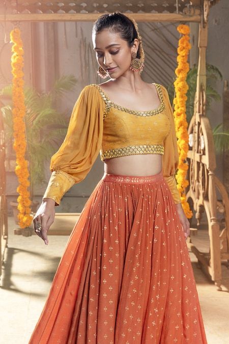 Crepe blouse with orange skirt