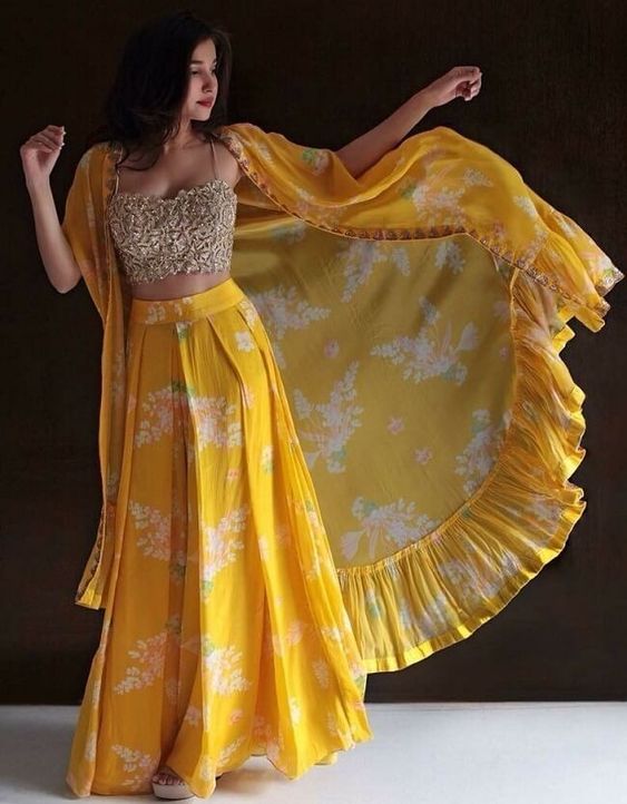 Floral printed haldi function dress for bride sister