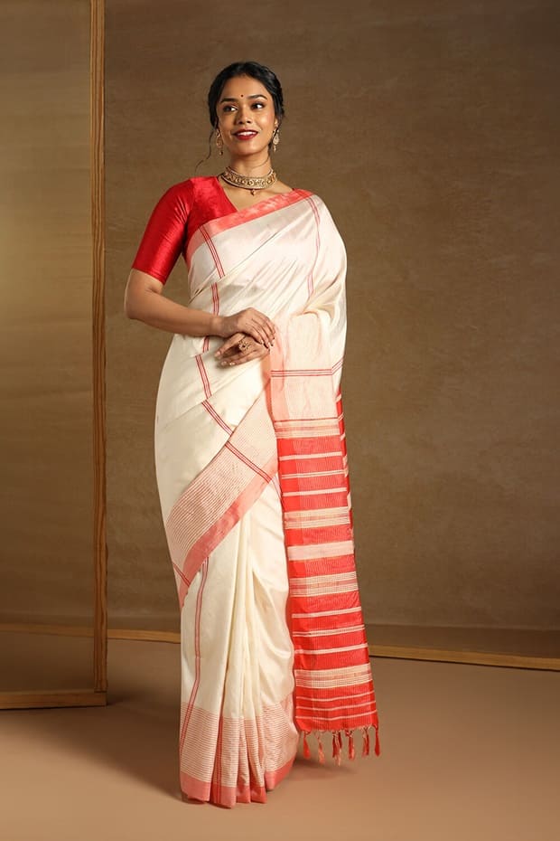 Off White Pure Silk Woven Bengali Saree 