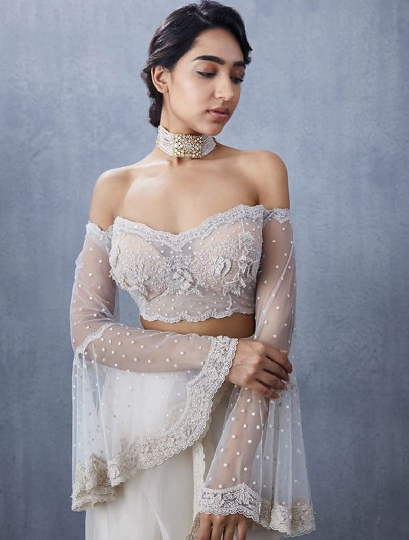 Off-shoulder-with-bell-sleeves-net-blouse-designs
