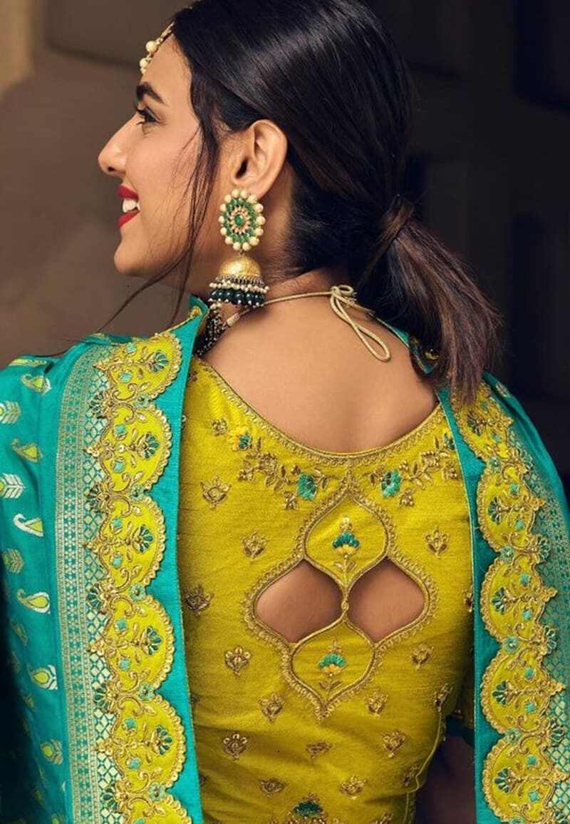 Silk-double-cut-out-modern-lehenga-blouse-back-designs