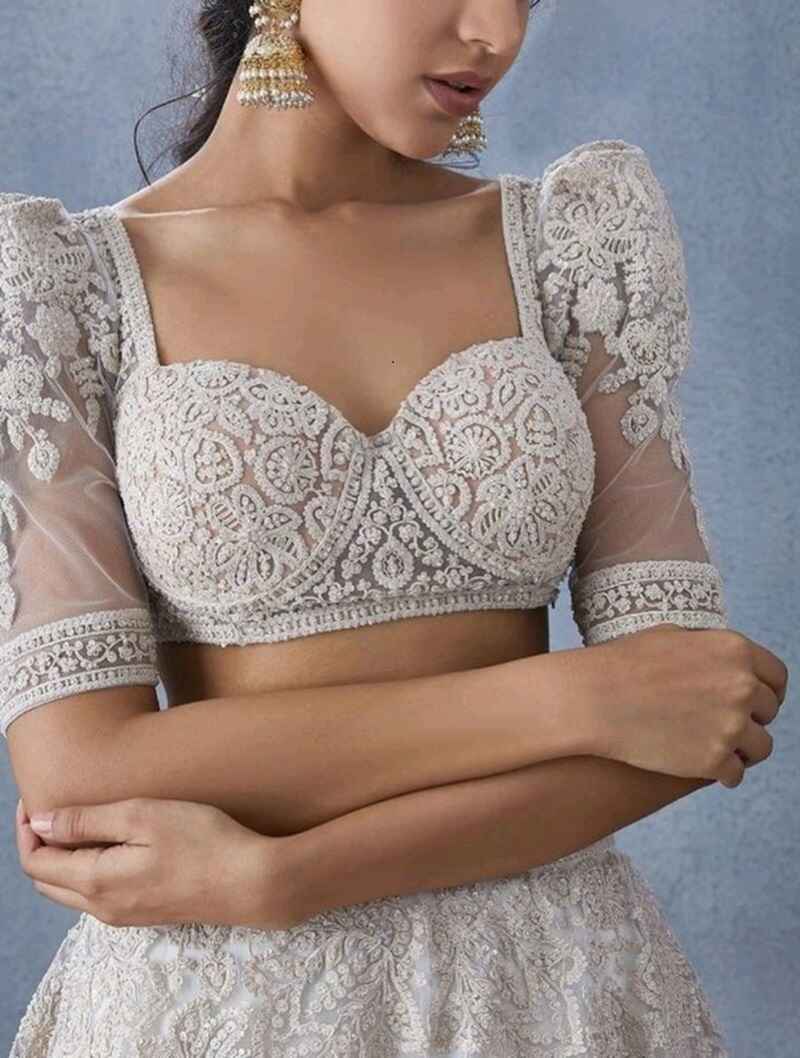 Sweetheart-neck-with-puff-sleeves-simple-net-blouse-design