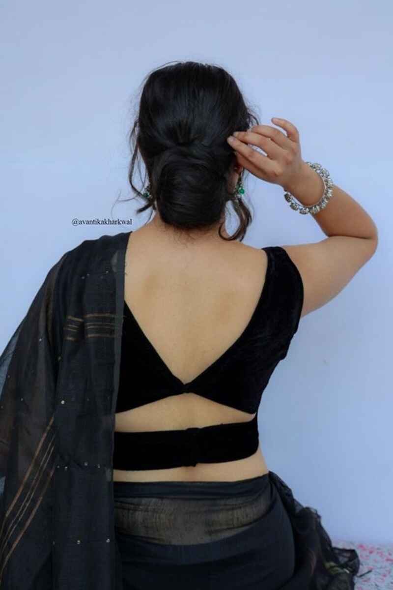 Velvet-back-blouse-with-belt-fancy-blouse-design-back-side