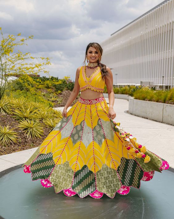 Yellow green mosiac lehenga