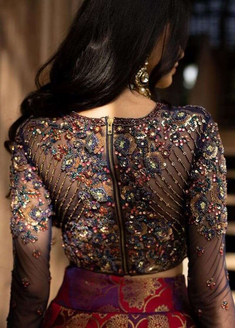 Zip-up-sheer-panel-with-embroidery-modern-blouse-back-design