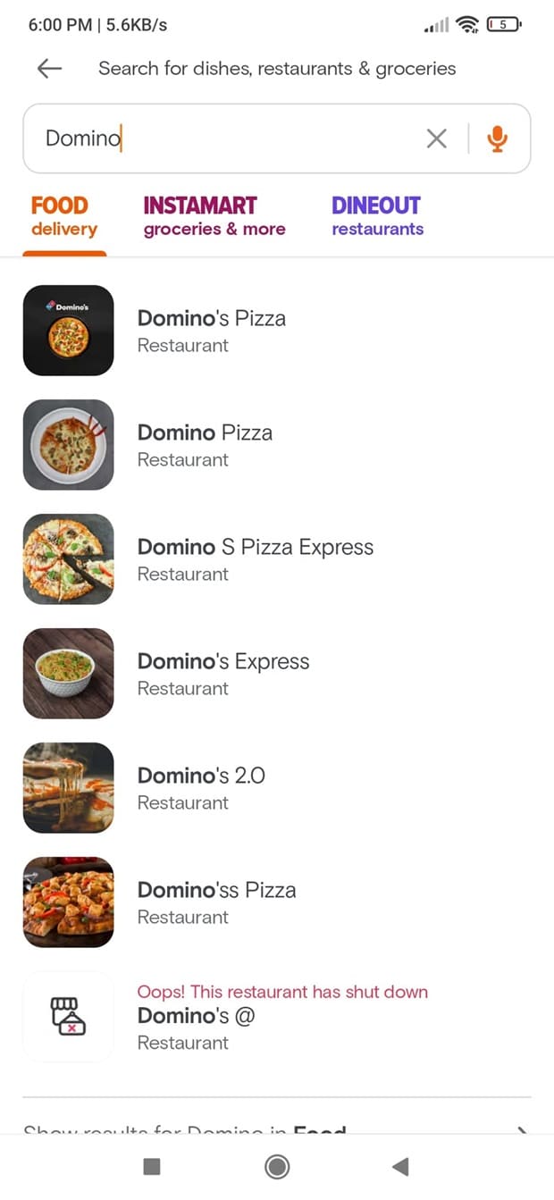 fake dominos outlets on Swiggy 