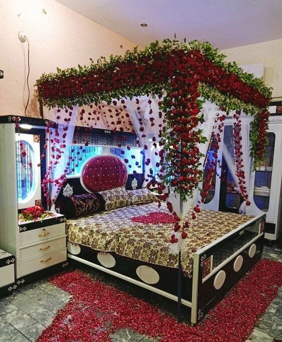 wedding bed decor with roses
