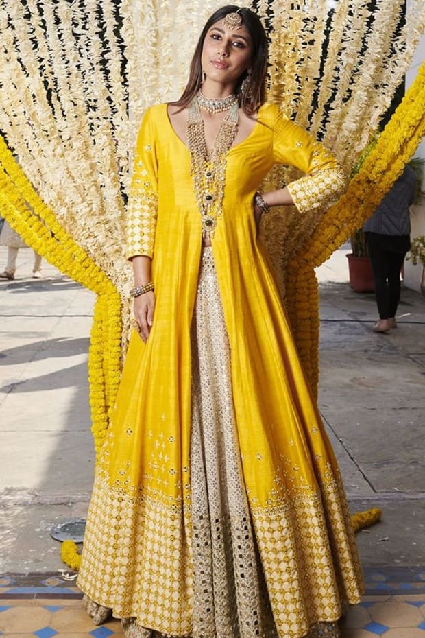 yellow Hand Embroidered Jacket Lehenga Set 