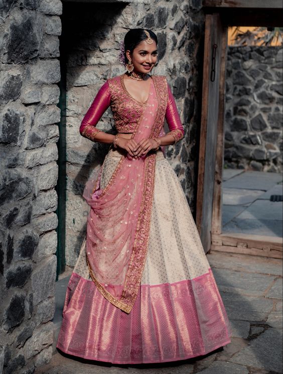 A Cream and pink half sari