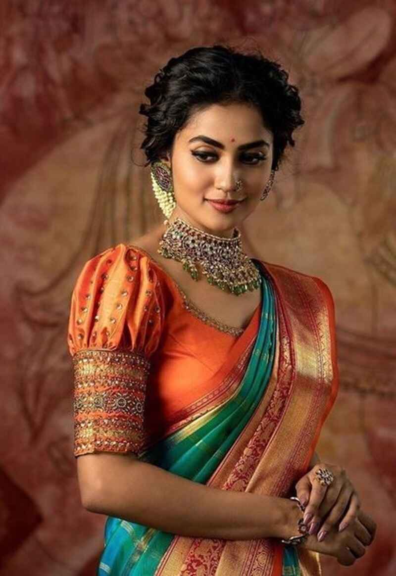 Beaded-puff-sleeves-silk-bridal-saree-blouse-designs