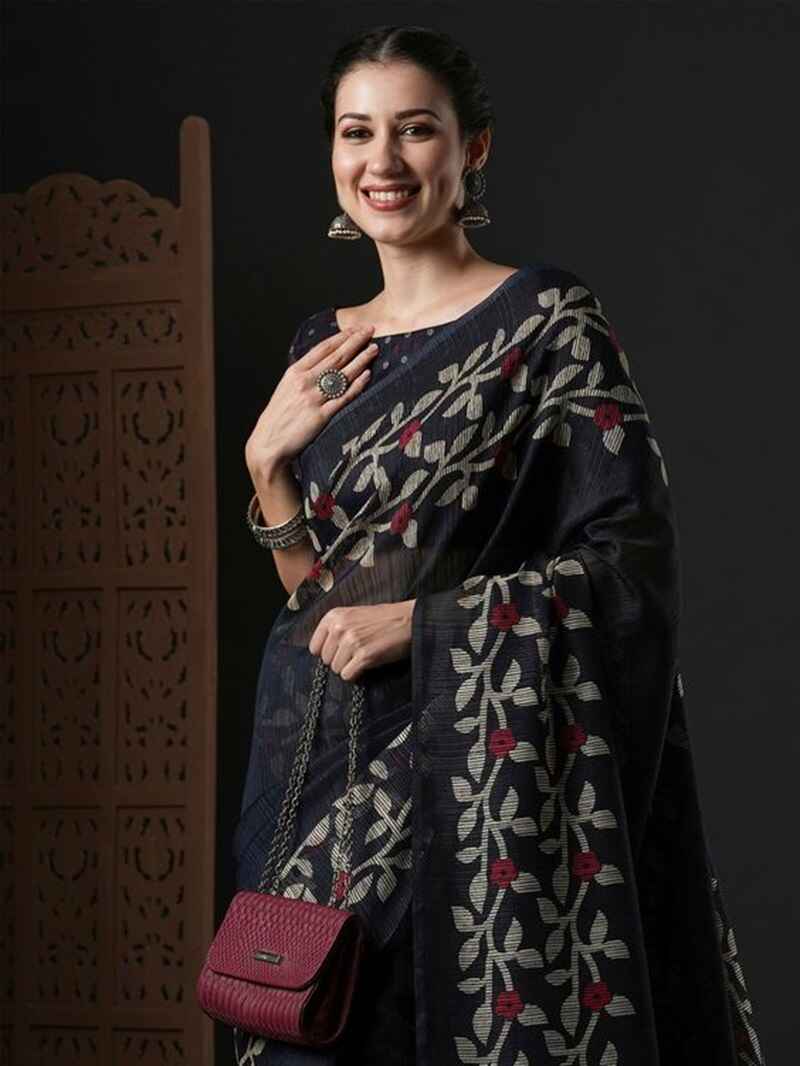 Black-cotton-saree-with-printed-border-black-saree-for-women