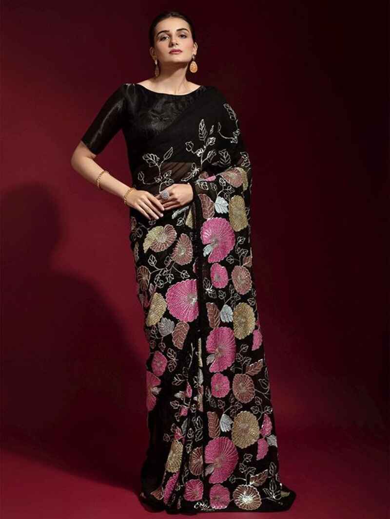 Black-georgette-saree-with-moti-work-black-saree-look
