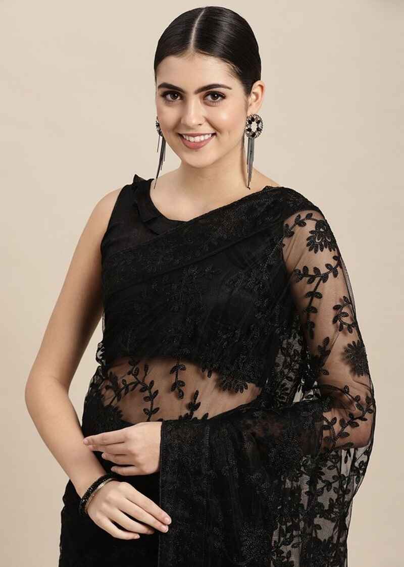 Black-net-saree-with-floral-threadwork-black-saree-look